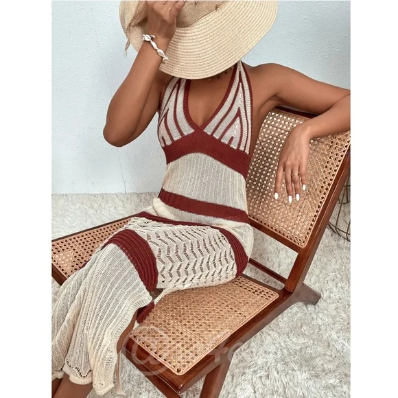 Long Beach Coverup Dress Beige and Brown Stripes Backless V-Neck Halter - Picture 1 of 7